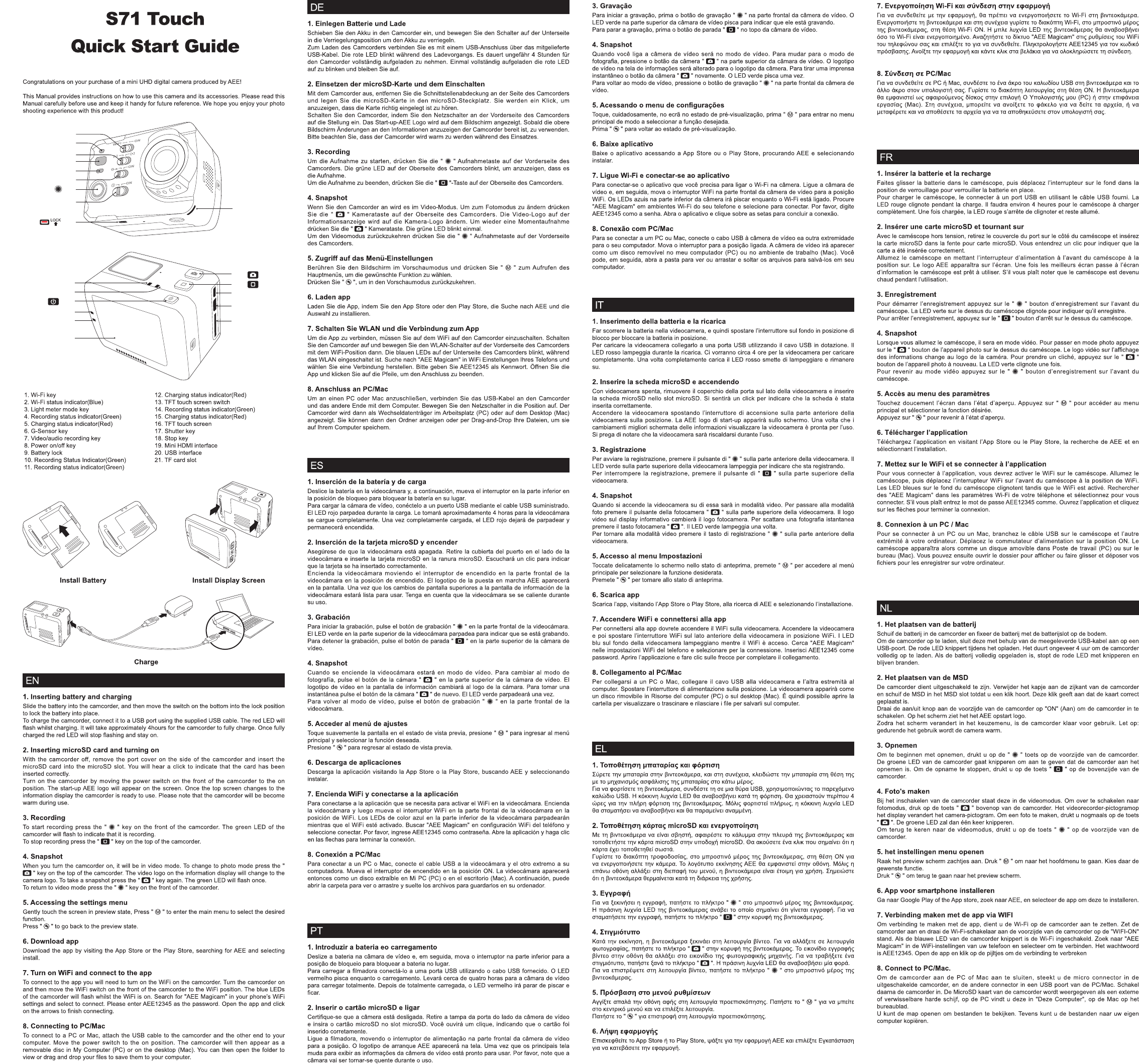 Manual AEE S71 Touch (page 1 of 2) (Danish, German, English, Spanish