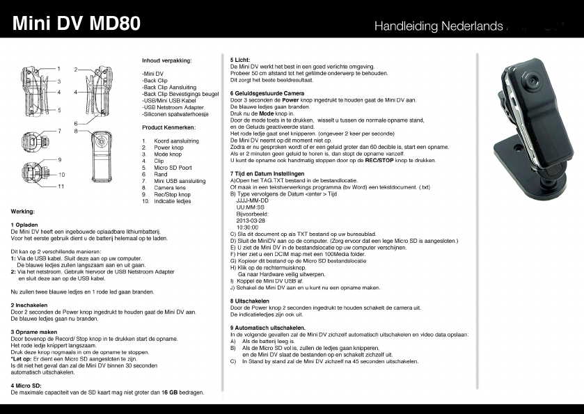 reach Repairman sausage Manual MD 80 MD 80 Mini Camera (page 1 of 2) (Dutch)